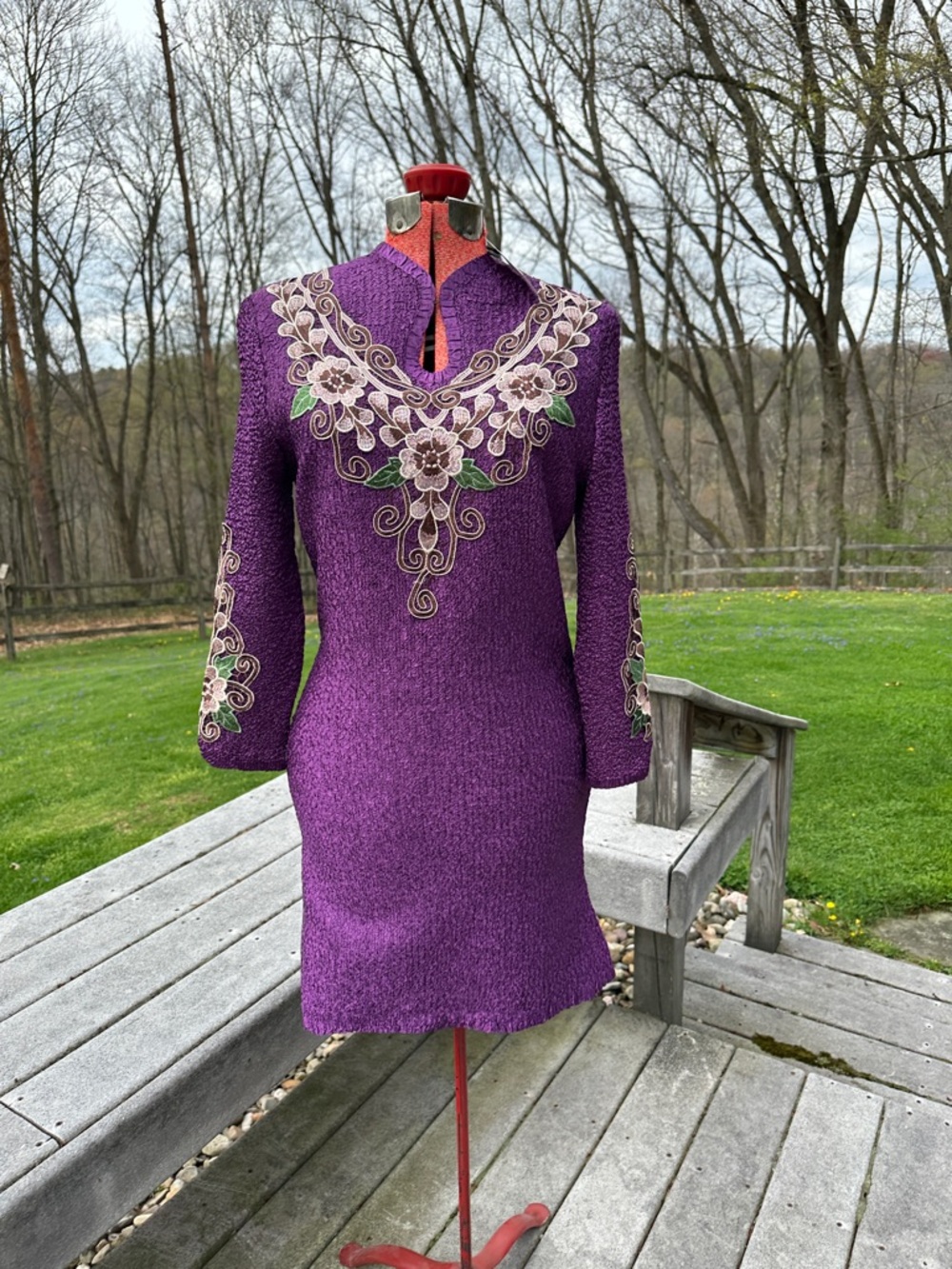 Embroidered Purple Long-Sleeve V-Neck Dress